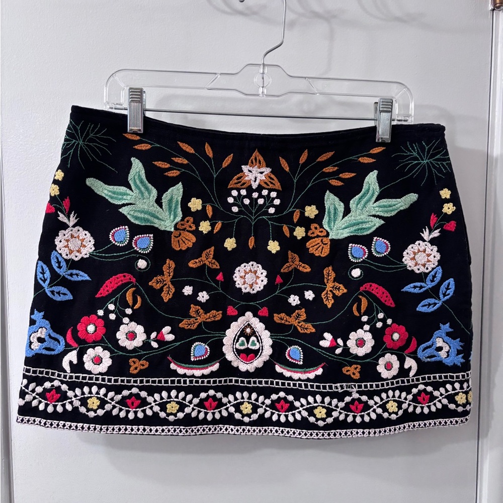 Zara Black Mini Skirt with Beautiful Colorful Embroidery